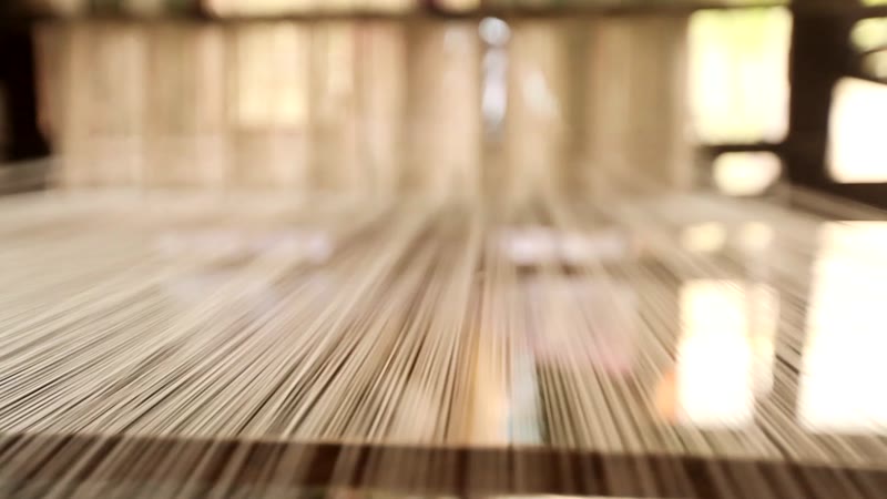 A close view along fine warp threads stretched on a handloom